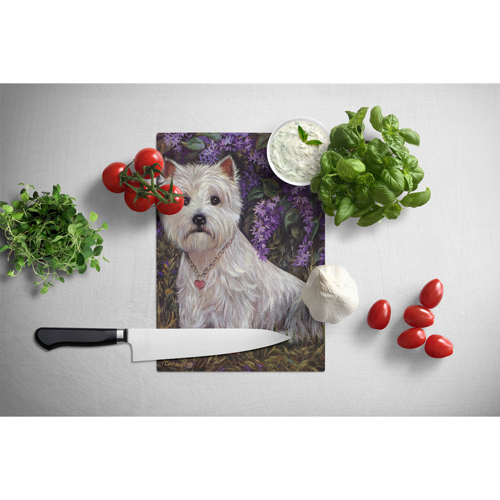 Westie Lily and Lilacs Glass Cutting Board Large Image 2