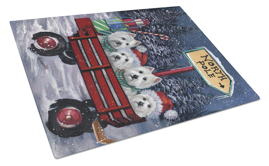 Westie Christmas Red Wagon Glass Cutting Board Large Image 1