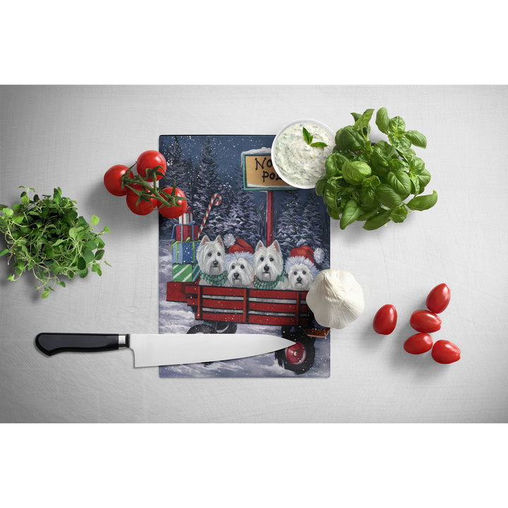 Westie Christmas Red Wagon Glass Cutting Board Large Image 2