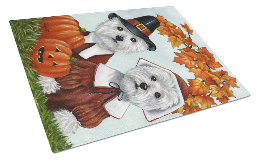 Westie Thanksgiving Pilgrims Glass Cutting Board Large Image 1