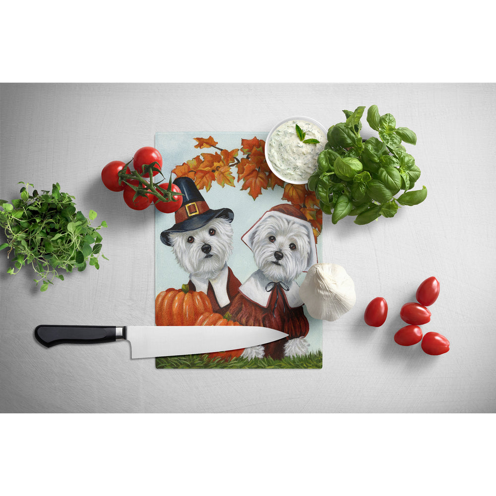 Westie Thanksgiving Pilgrims Glass Cutting Board Large Image 2