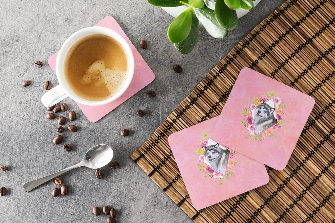 Alaskan Malamute Pink Flowers Foam Coaster Set of 4 Image 3