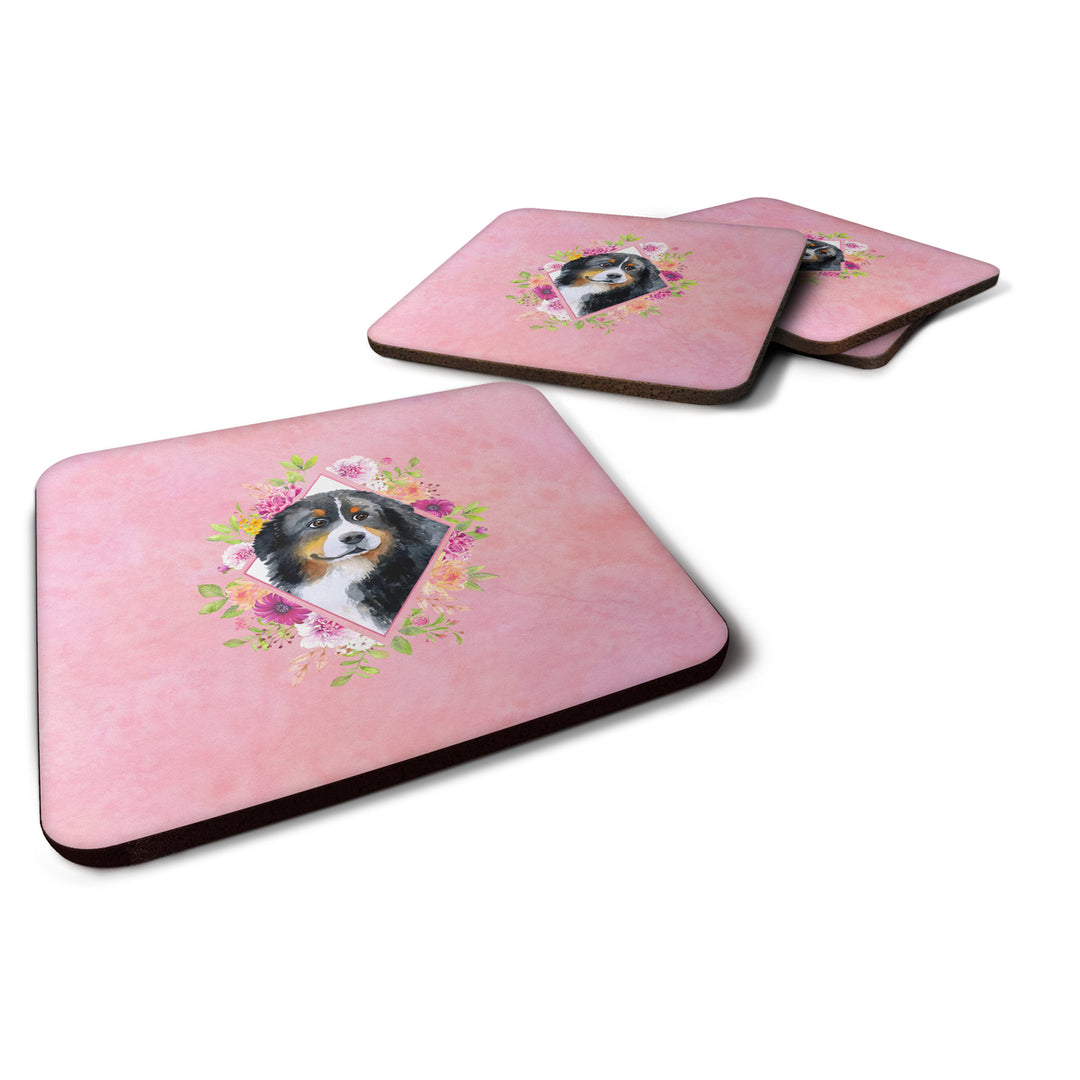 Bernese Mountain Dog Pink Flowers Foam Coaster Set of 4 Image 1