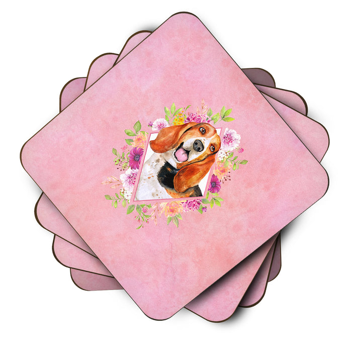 Basset Hound Pink Flowers Foam Coaster Set of 4 Image 2