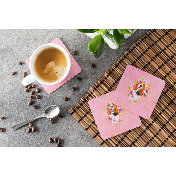 Basset Hound Pink Flowers Foam Coaster Set of 4 Image 3