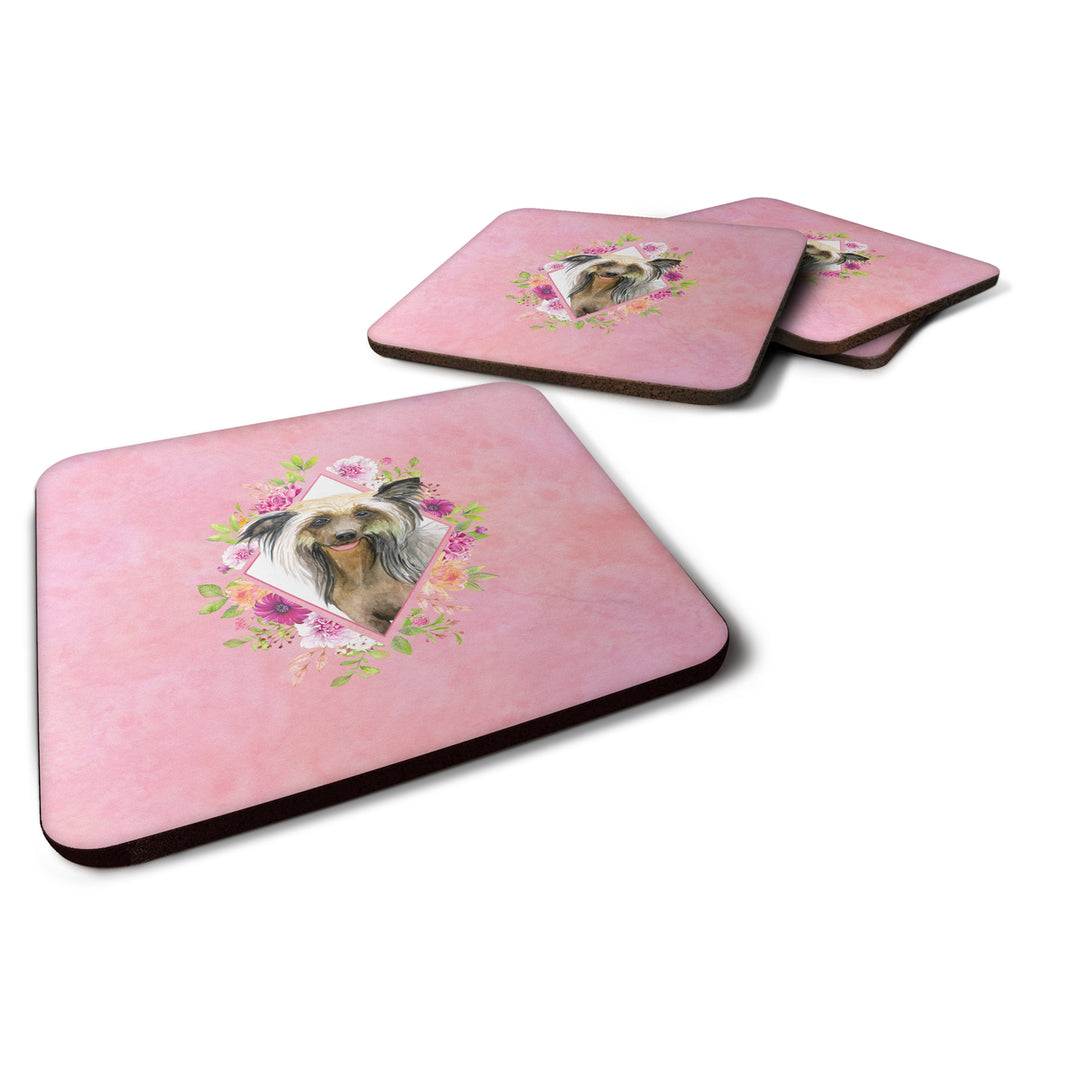 Chinese Crested Pink Flowers Foam Coaster Set of 4 Image 1