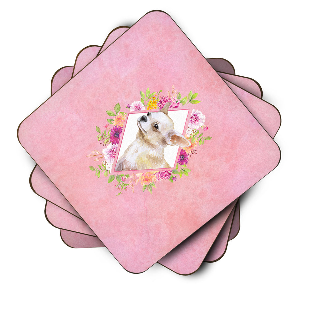 Chihuahua Style 2 Pink Flowers Foam Coaster Set of 4 Image 2