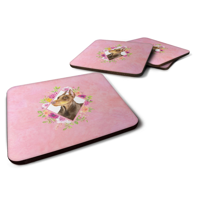 Doberman Pinscher Pink Flowers Foam Coaster Set of 4 Image 1