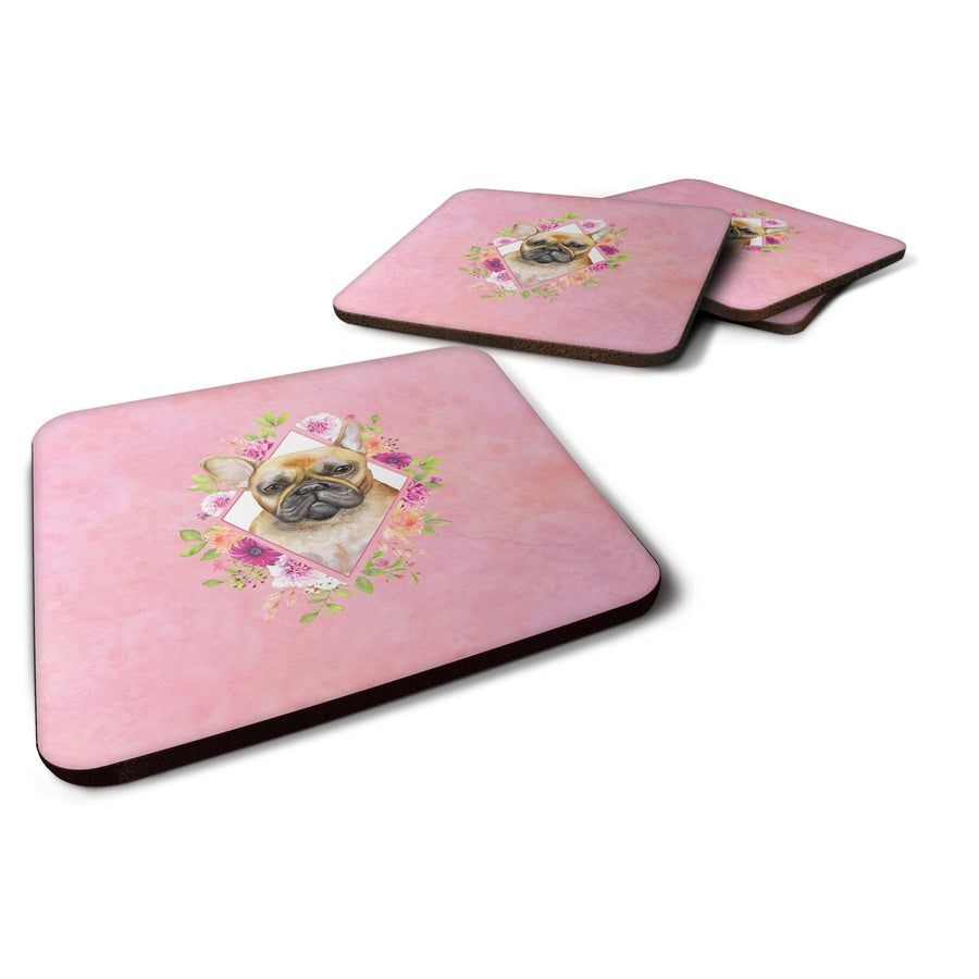 Fawn French Bulldog Pink Flowers Foam Coaster Set of 4 Image 1