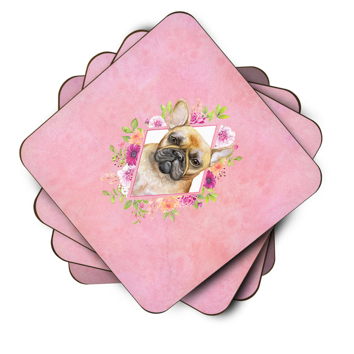 Fawn French Bulldog Pink Flowers Foam Coaster Set of 4 Image 2