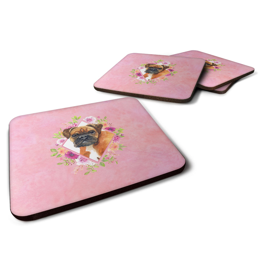 German Boxer Pink Flowers Foam Coaster Set of 4 Image 1