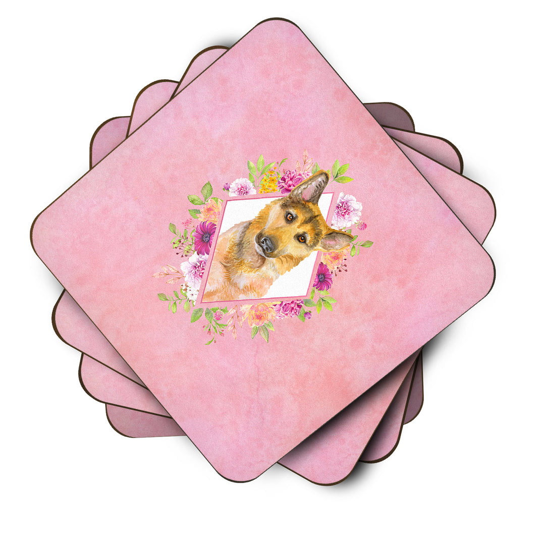 German Shepherd Style 2 Pink Flowers Foam Coaster Set of 4 Image 2