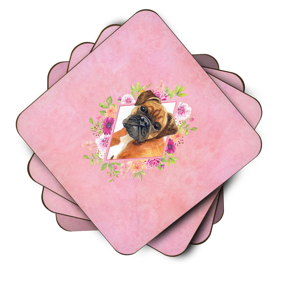 German Boxer Pink Flowers Foam Coaster Set of 4 Image 2