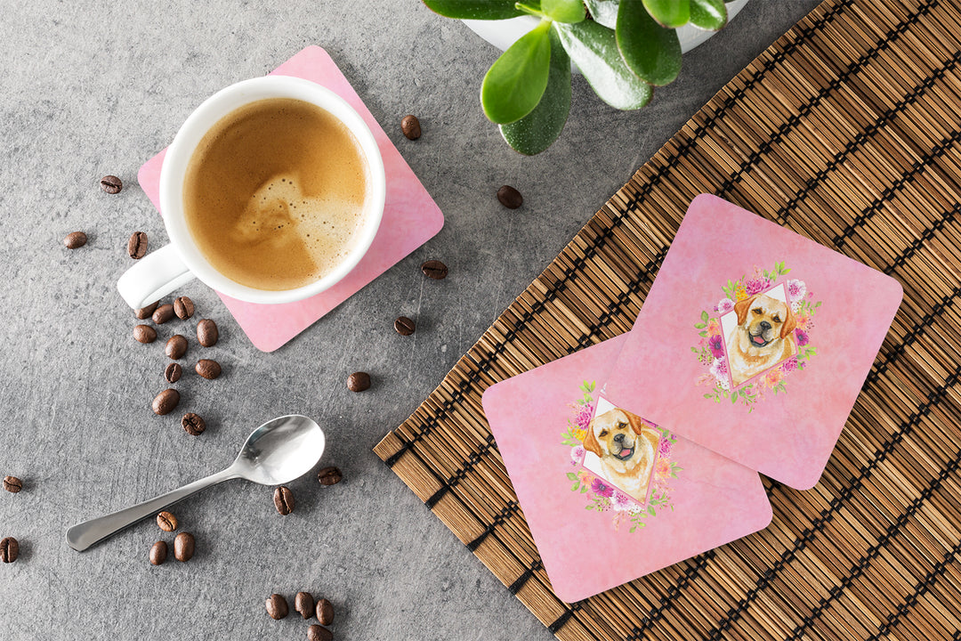 Golden Retriever Pink Flowers Foam Coaster Set of 4 Image 3