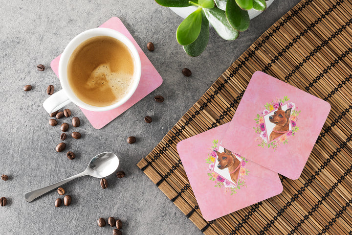 Miniature Pinscher Pink Flowers Foam Coaster Set of 4 Image 3