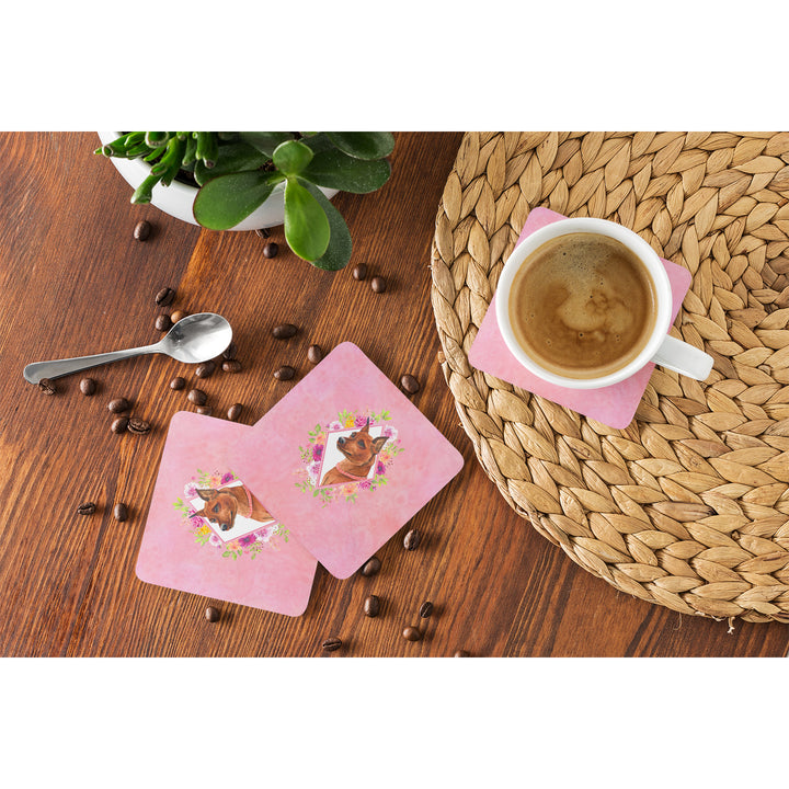 Miniature Pinscher Pink Flowers Foam Coaster Set of 4 Image 4