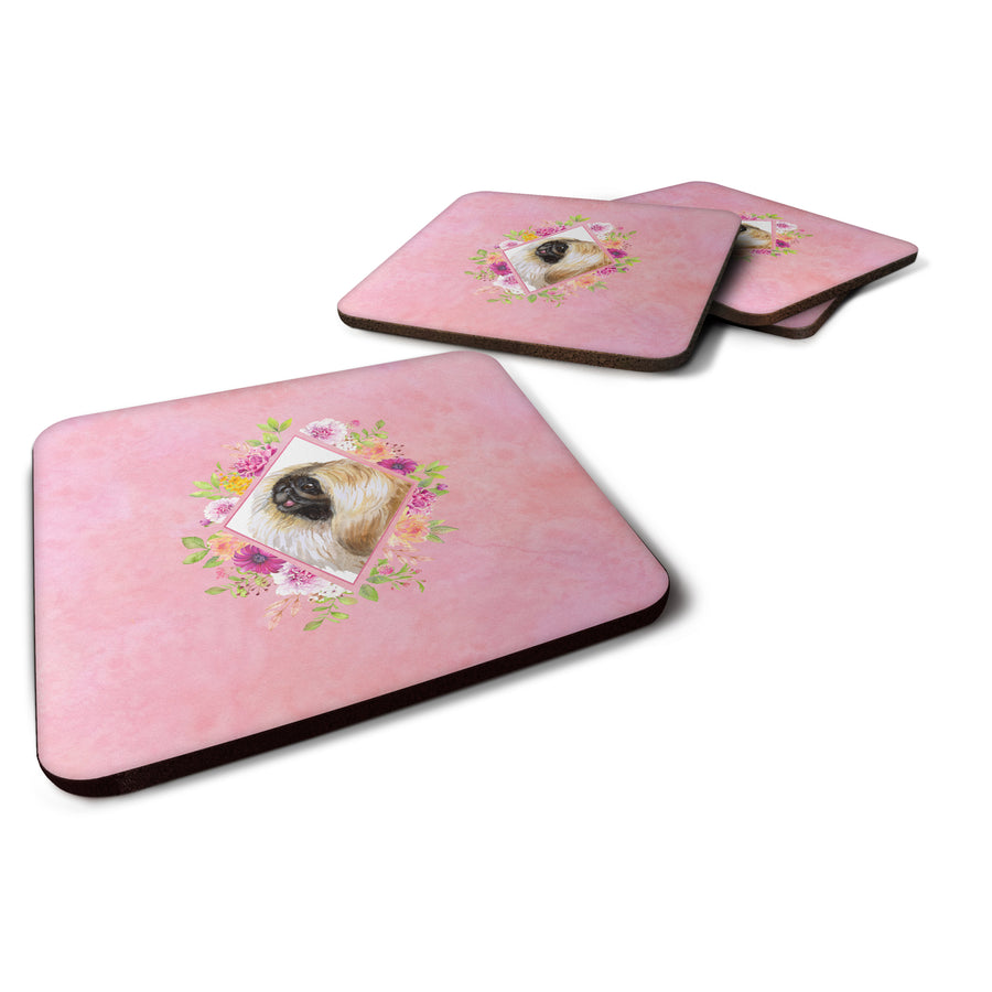 Pekingese Pink Flowers Foam Coaster Set of 4 Image 1