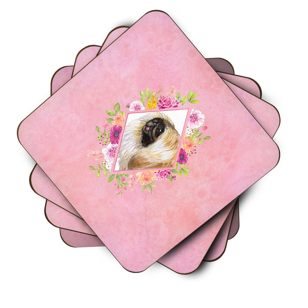 Pekingese Pink Flowers Foam Coaster Set of 4 Image 2