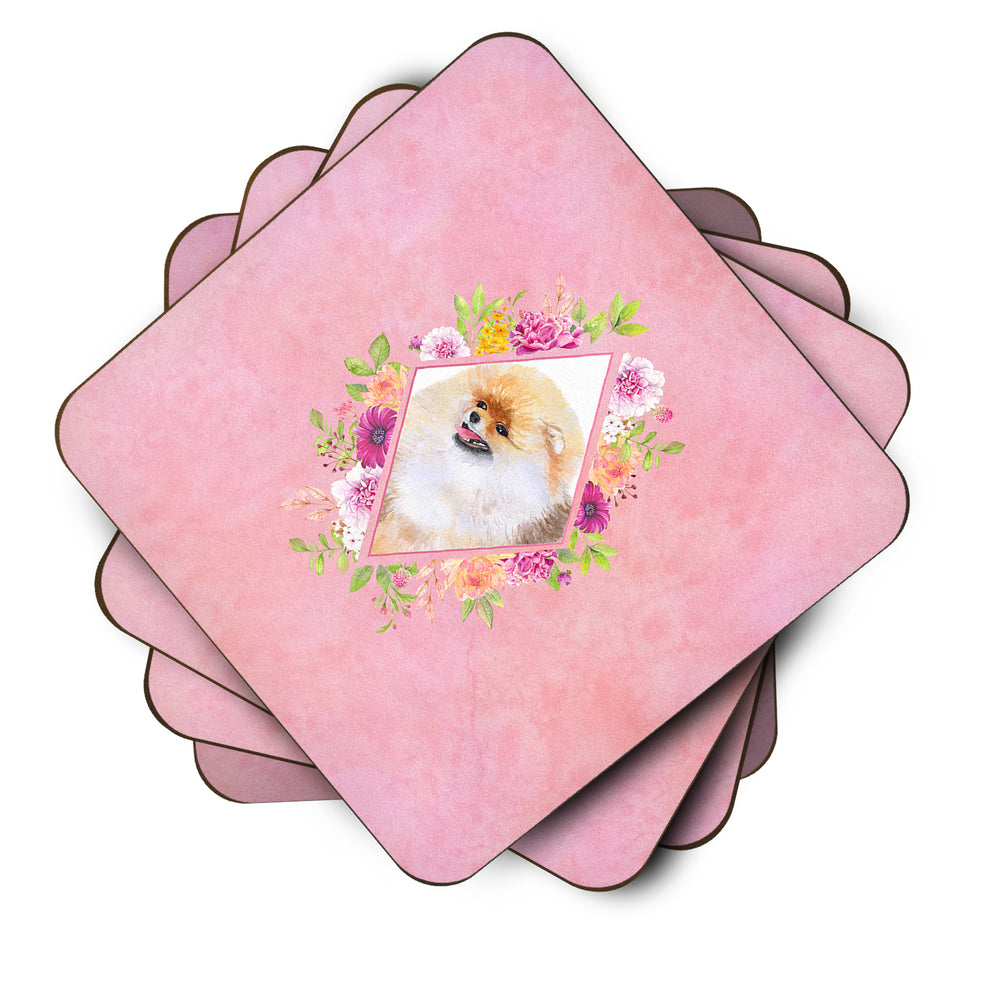 Pomeranian Style 2 Pink Flowers Foam Coaster Set of 4 Image 2