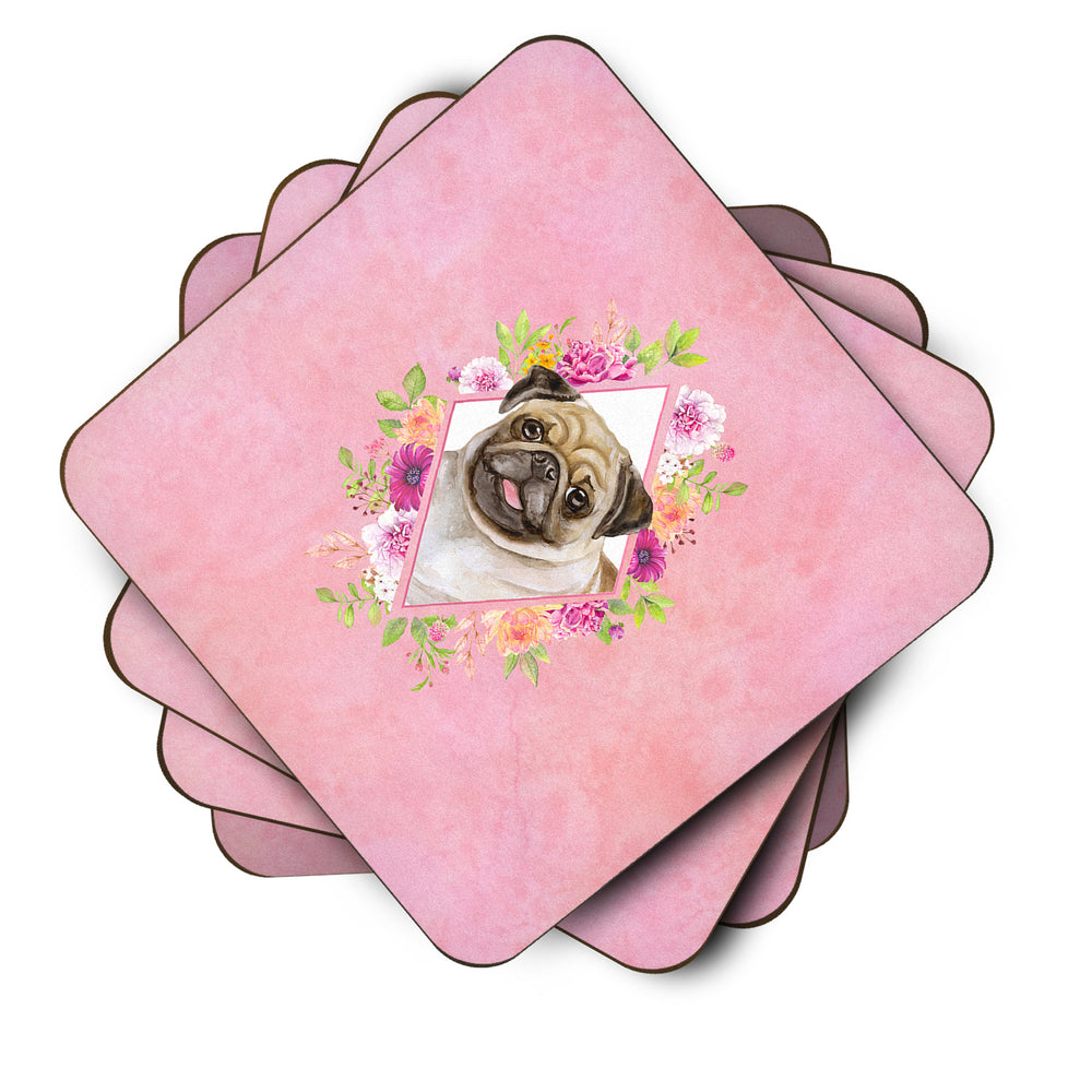 Fawn Pug Pink Flowers Foam Coaster Set of 4 Image 2