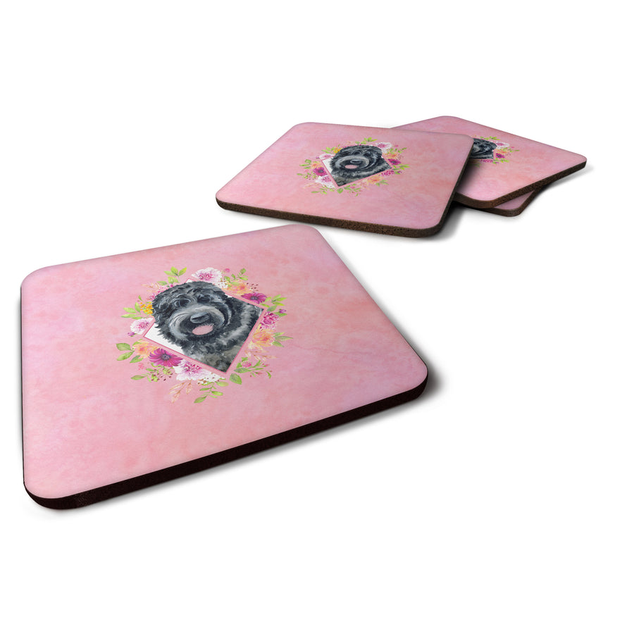 Russian Black Terrier Pink Flowers Foam Coaster Set of 4 Image 1