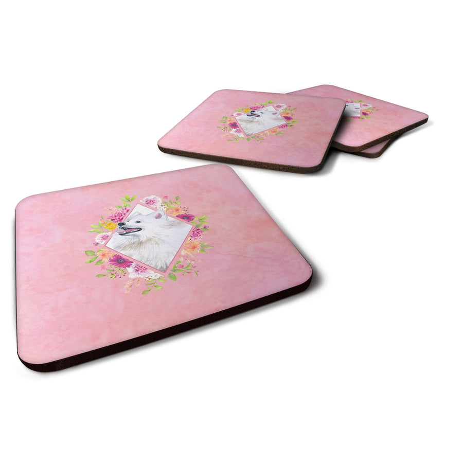 Samoyed Pink Flowers Foam Coaster Set of 4 Image 1