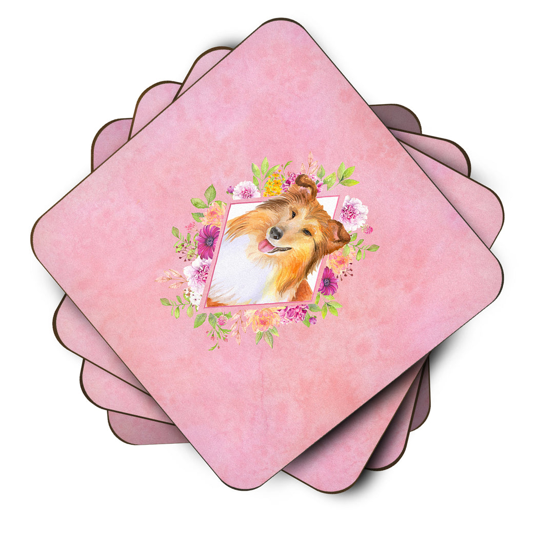 Sheltie Shetland Sheepdog Pink Flowers Foam Coaster Set of 4 Image 2