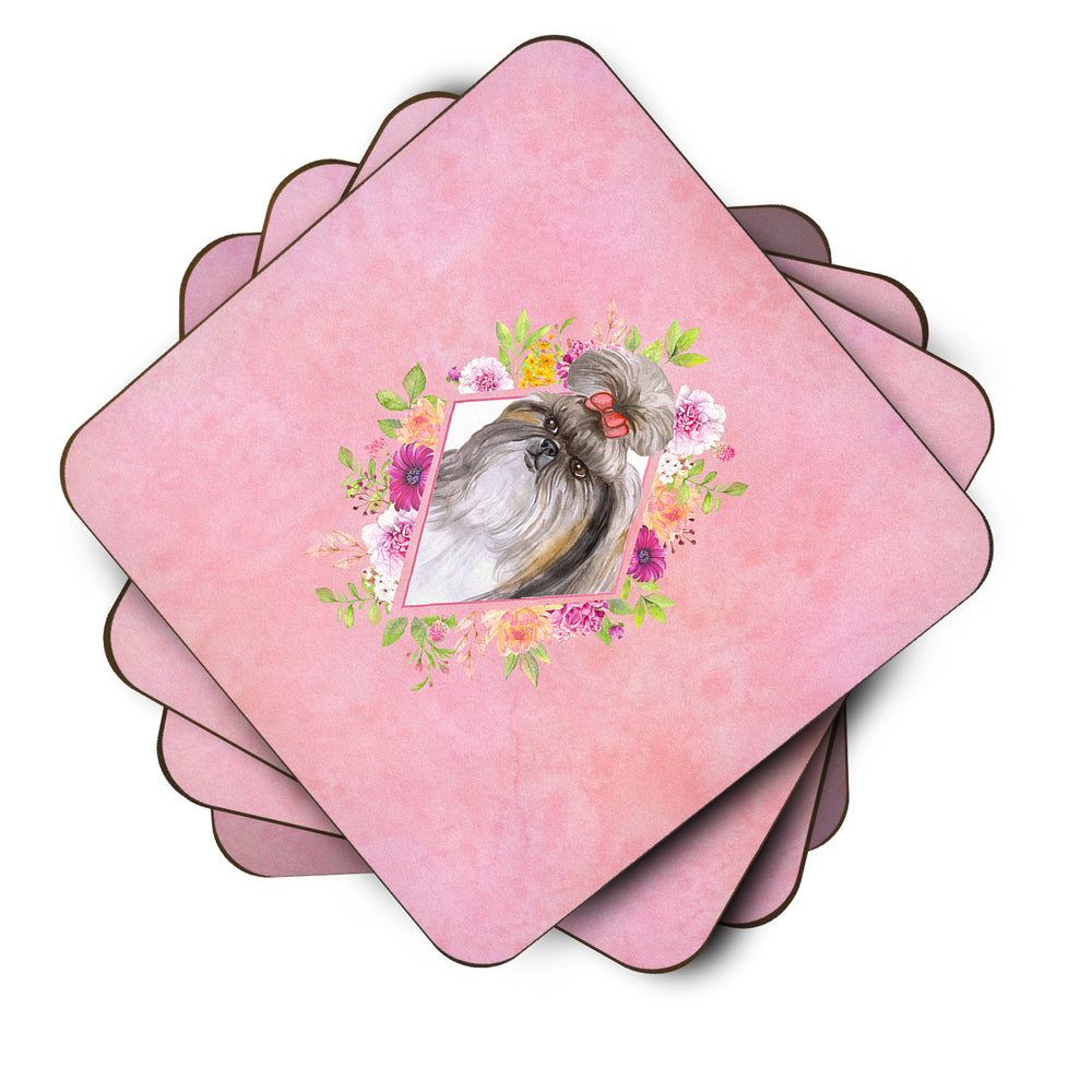 Shih Tzu Pink Flowers Foam Coaster Set of 4 Image 2