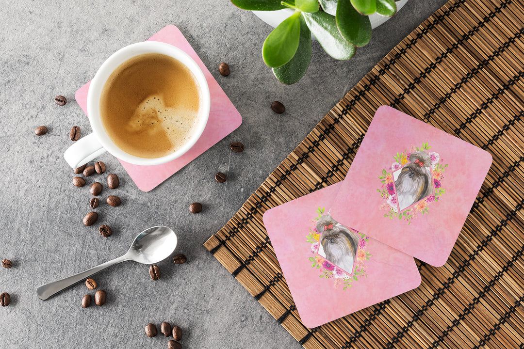 Shih Tzu Pink Flowers Foam Coaster Set of 4 Image 3