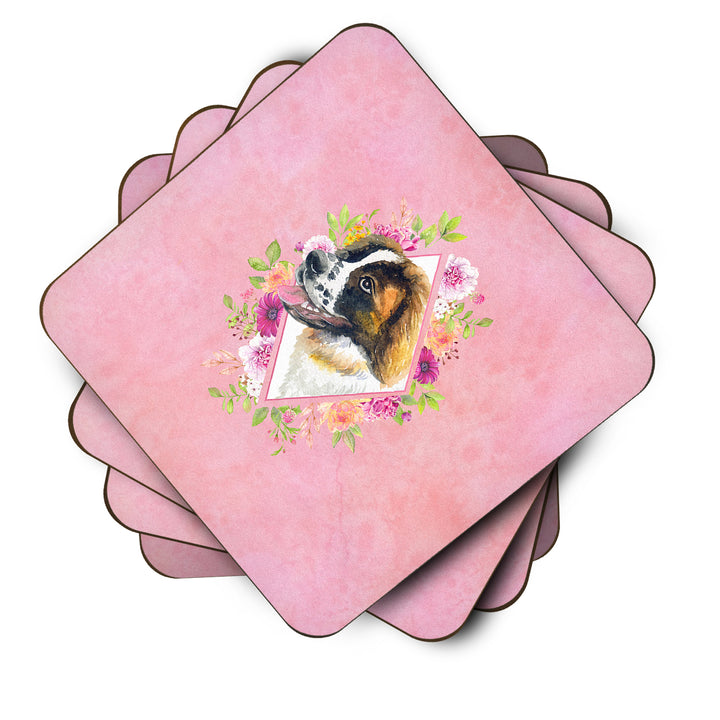 Saint Bernard Style 2 Pink Flowers Foam Coaster Set of 4 Image 2