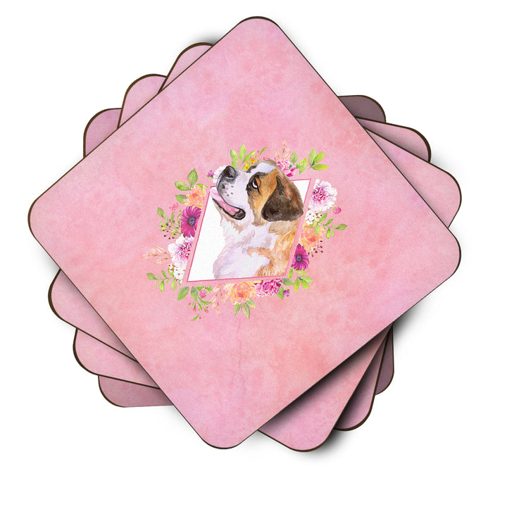 Saint Bernard Style 1 Pink Flowers Foam Coaster Set of 4 Image 2