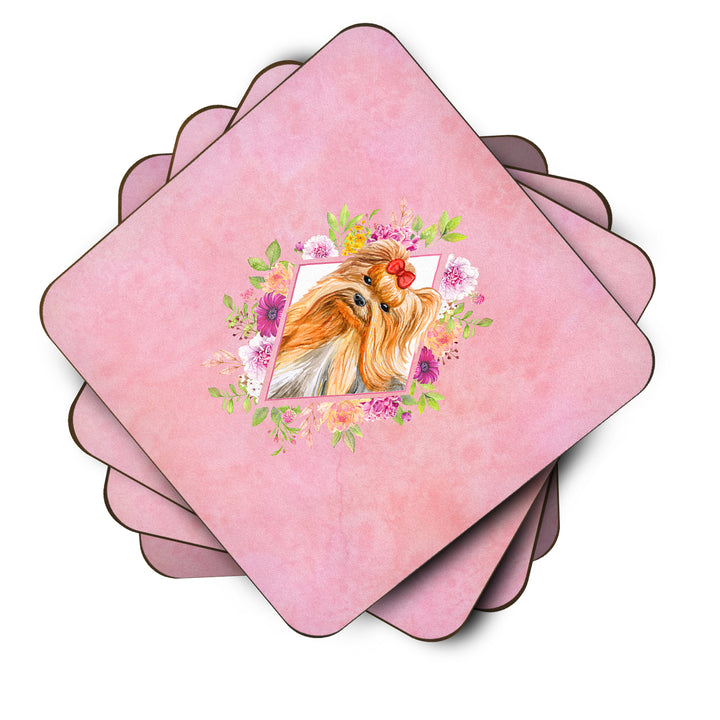 Yorkshire Terrier Style 2 Pink Flowers Foam Coaster Set of 4 Image 2