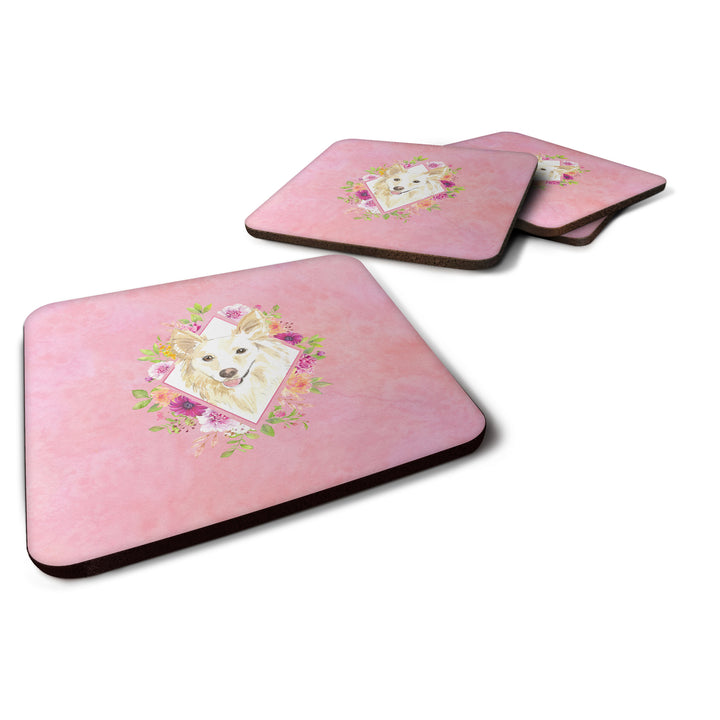 White Collie Pink Flowers Foam Coaster Set of 4 Image 1