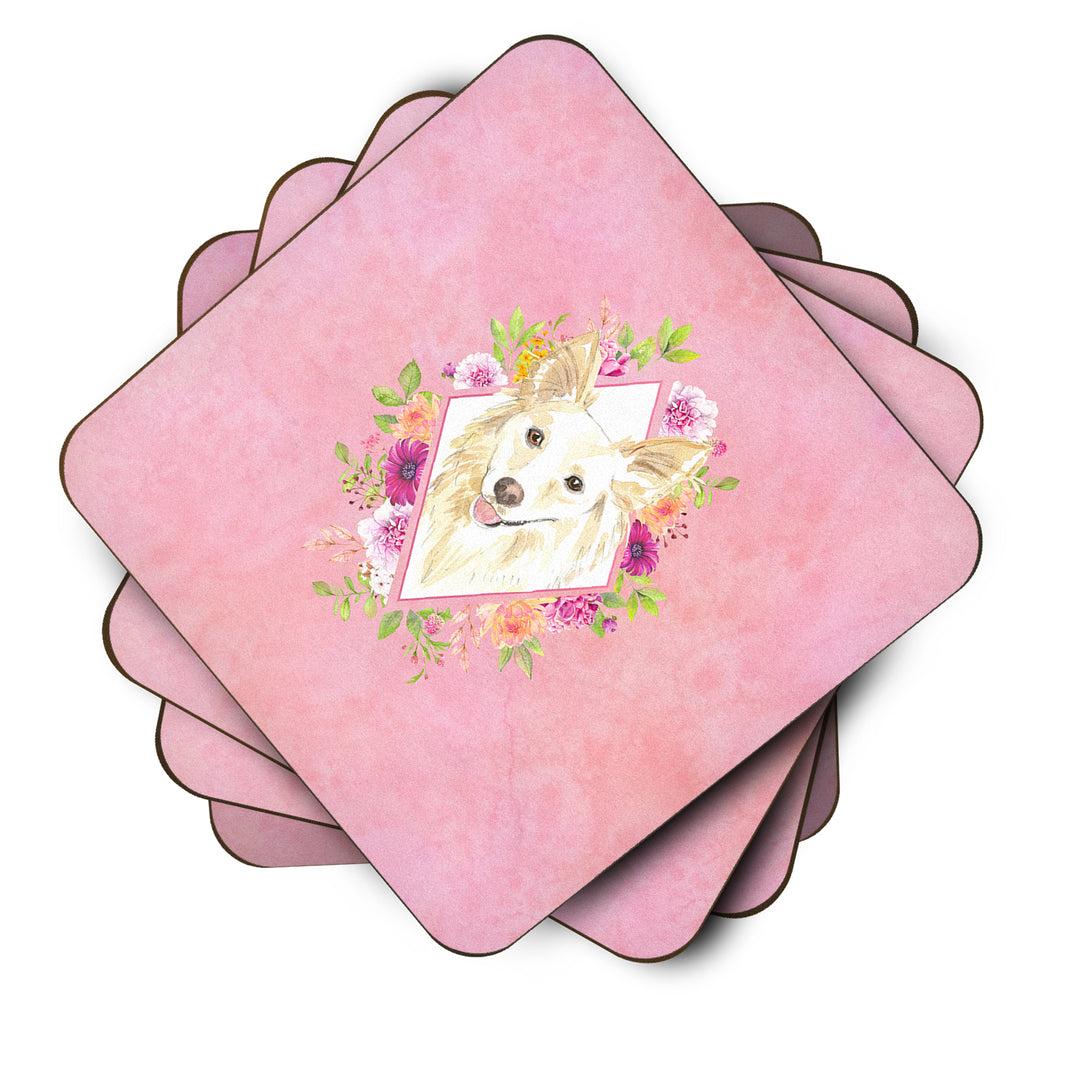 White Collie Pink Flowers Foam Coaster Set of 4 Image 2