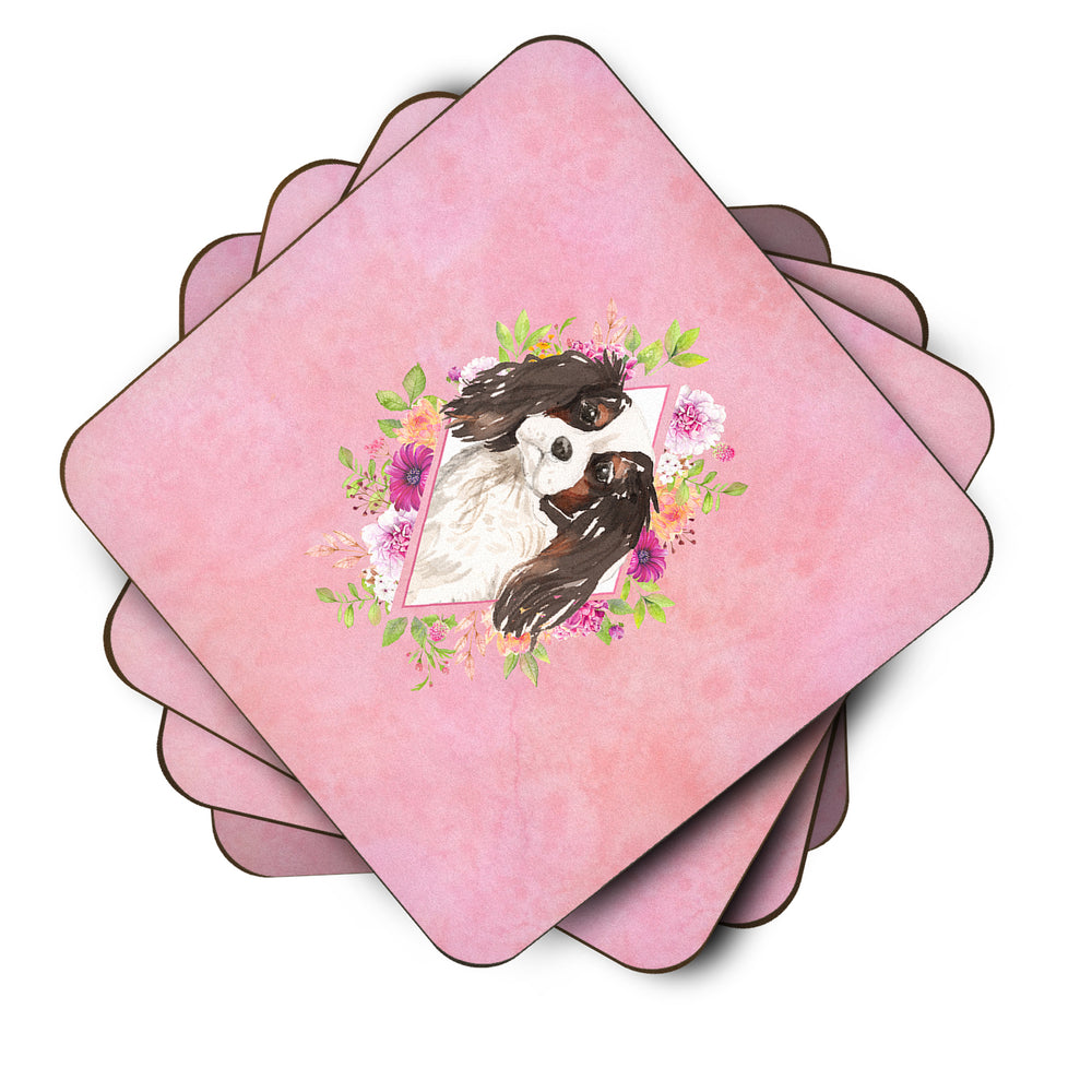 Tricolor Cavalier Spaniel Pink Flowers Foam Coaster Set of 4 Image 2