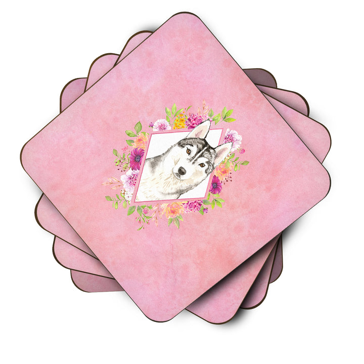 Siberian Husky Pink Flowers Foam Coaster Set of 4 Image 2