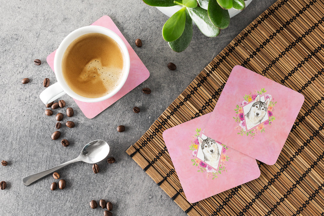 Siberian Husky Pink Flowers Foam Coaster Set of 4 Image 3