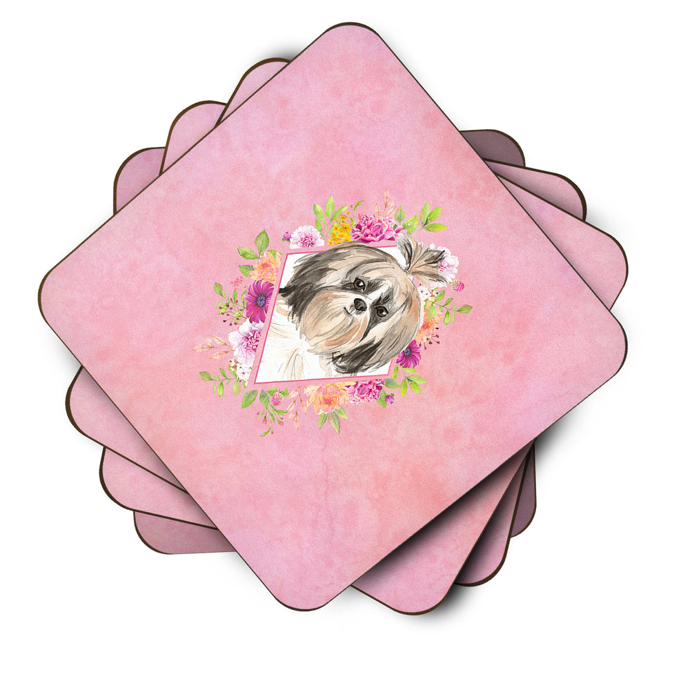 Shih Tzu Pink Flowers Foam Coaster Set of 4 Image 2