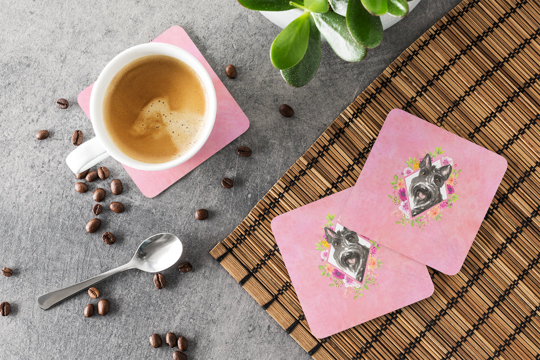 Scottish Terrier Pink Flowers Foam Coaster Set of 4 Image 3