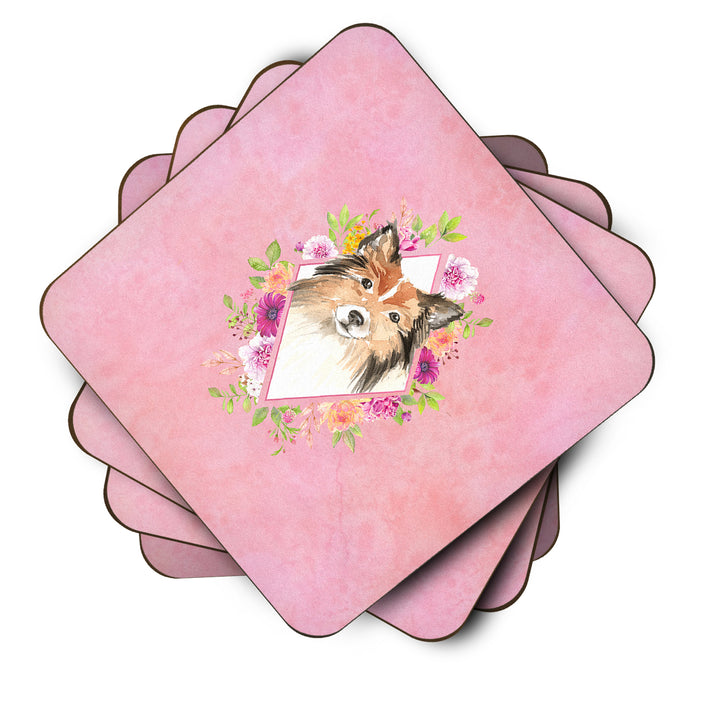 Sheltie Pink Flowers Foam Coaster Set of 4 Image 2