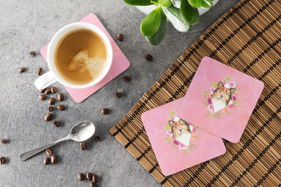 Sheltie Pink Flowers Foam Coaster Set of 4 Image 3