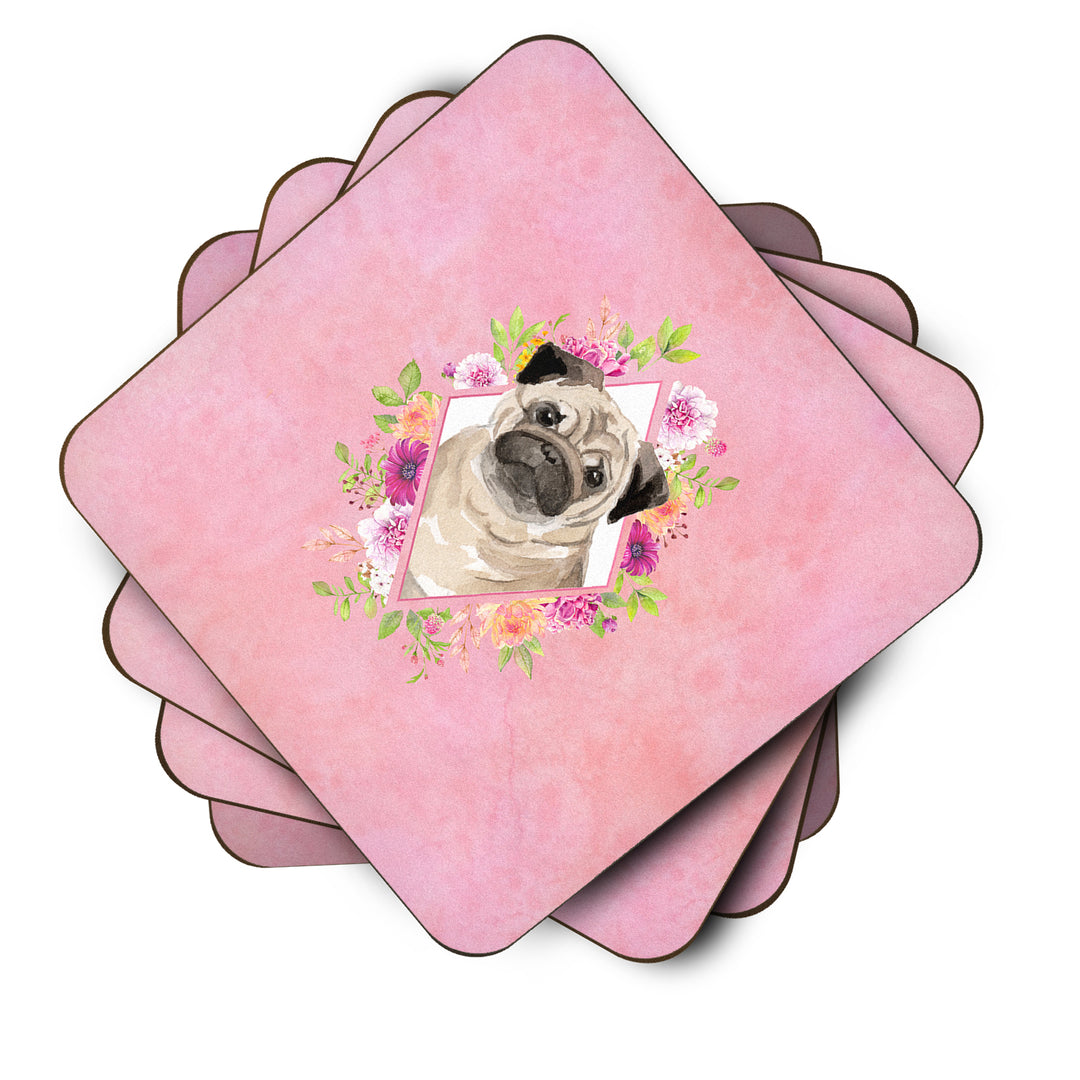 Fawn Pug Pink Flowers Foam Coaster Set of 4 Image 2