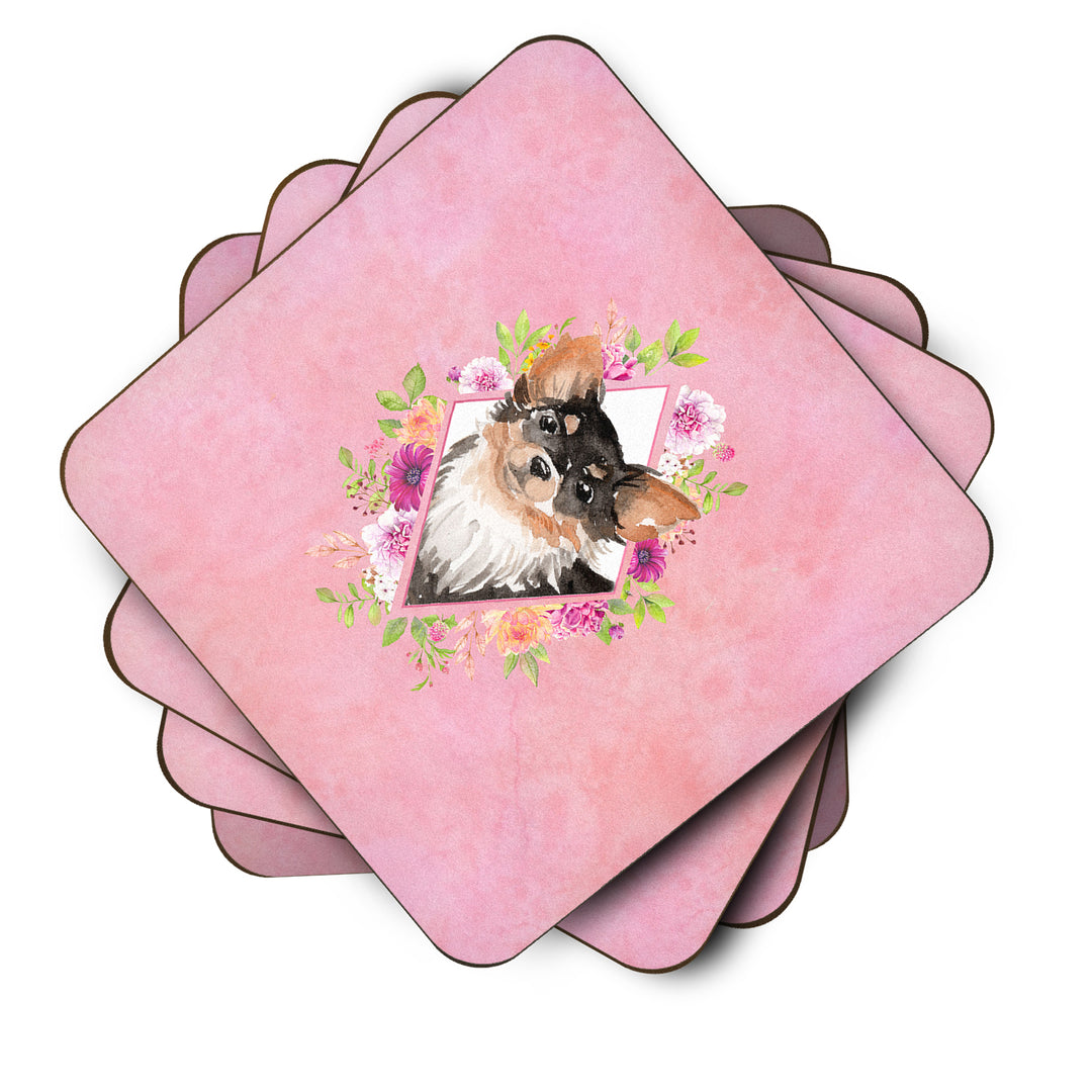 Longhaired Chihuahua Pink Flowers Foam Coaster Set of 4 Image 2