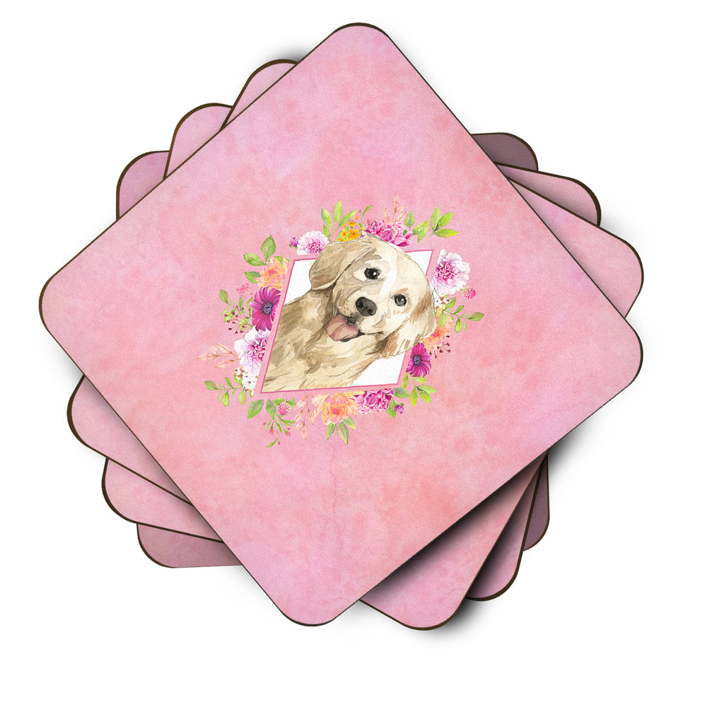 Golden Retriever Pink Flowers Foam Coaster Set of 4 Image 2