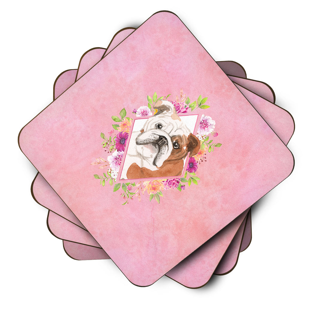 English Bulldog Pink Flowers Foam Coaster Set of 4 Image 2