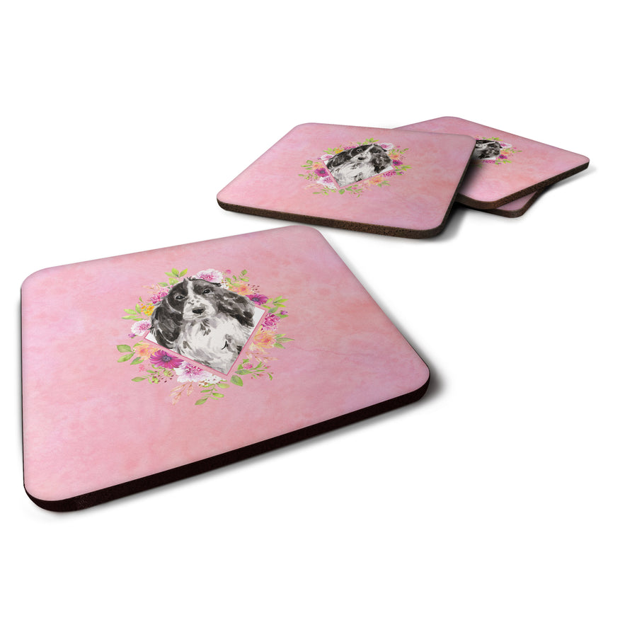 Black Parti Cocker Spaniel Pink Flowers Foam Coaster Set of 4 Image 1