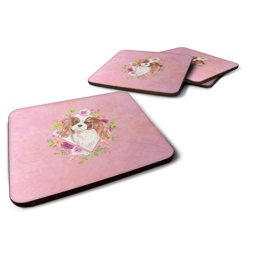 Blenheim Cavalier Spaniel Pink Flowers Foam Coaster Set of 4 Image 1