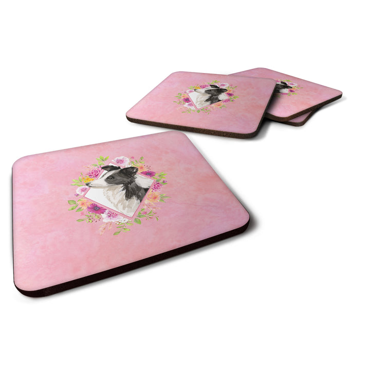 Border Collie Pink Flowers Foam Coaster Set of 4 Image 1