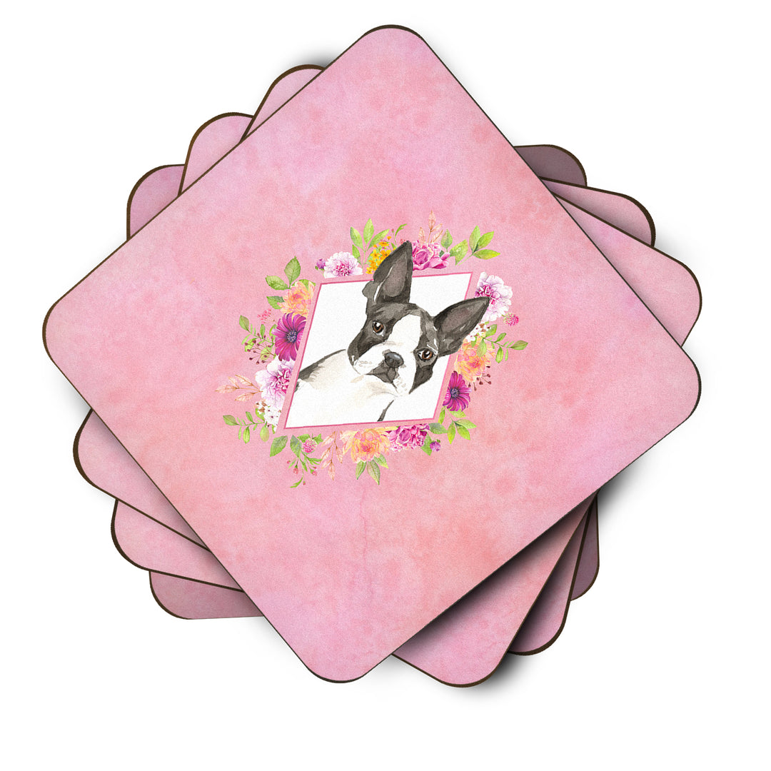 Boston Terrier Pink Flowers Foam Coaster Set of 4 Image 2