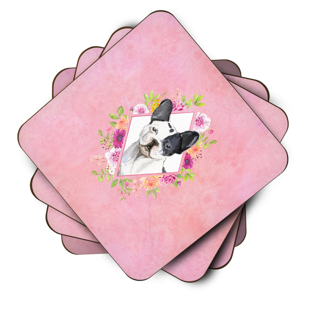 Black and White Frenchie Pink Flowers Foam Coaster Set of 4 Image 2